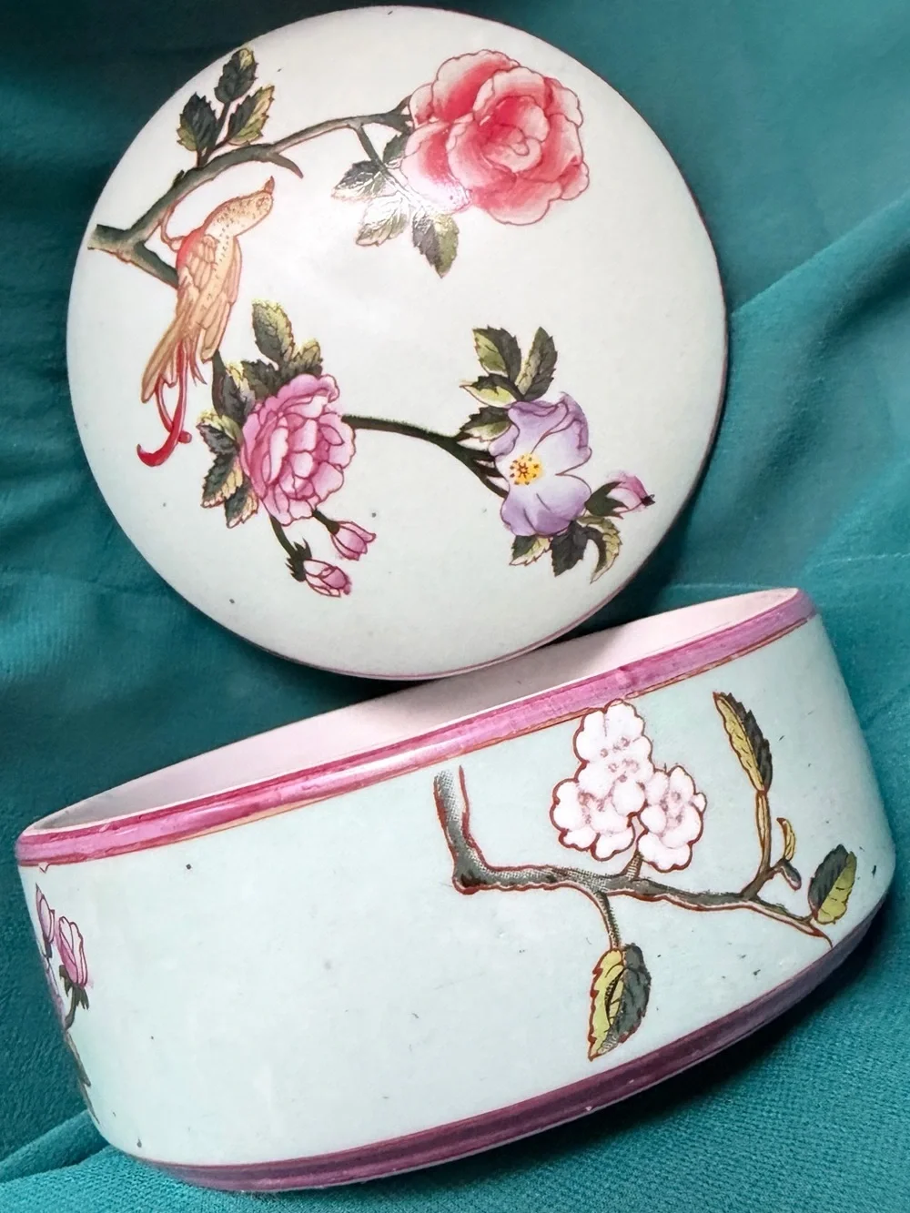 2 Candy Dishes One Hammered Gold and One Blue Floral ceramic